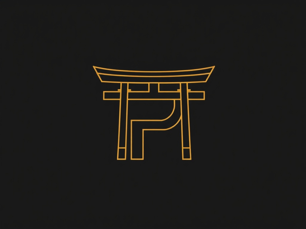 Minimalist geometric symbol combining a 'P' and a stylized torii gate, clean lines, gold and black, premium vector style